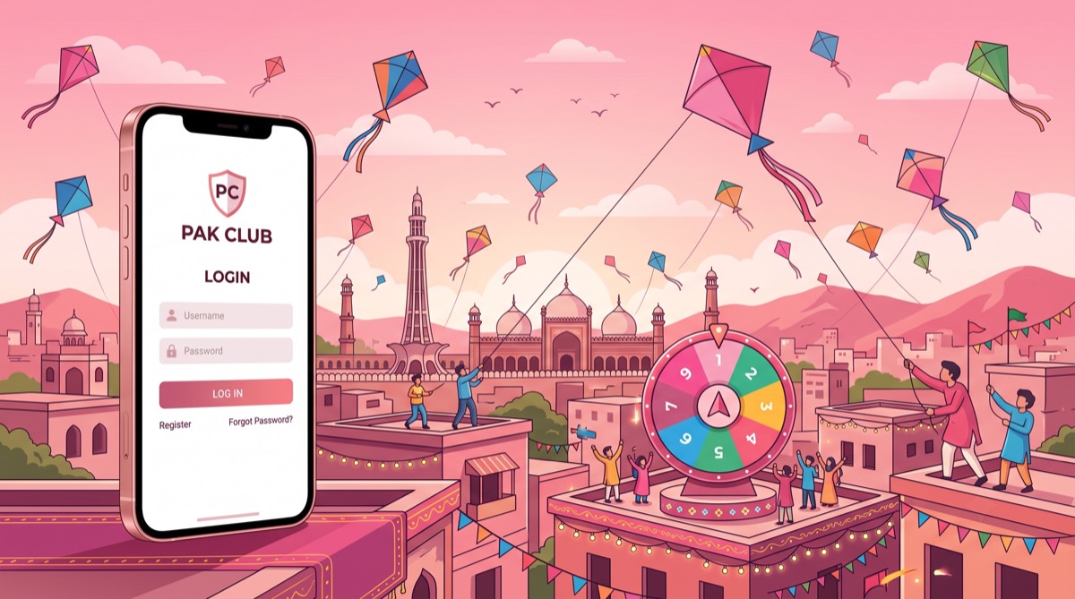 Pak Club official site login screen on a smartphone with Basant kites and a color-prediction wheel